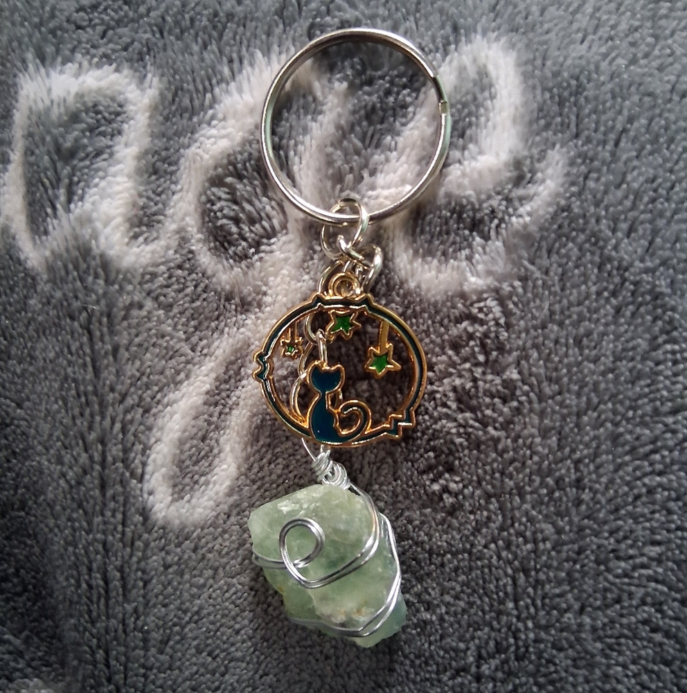 Whimsical Cat Keychain with Green Crystal